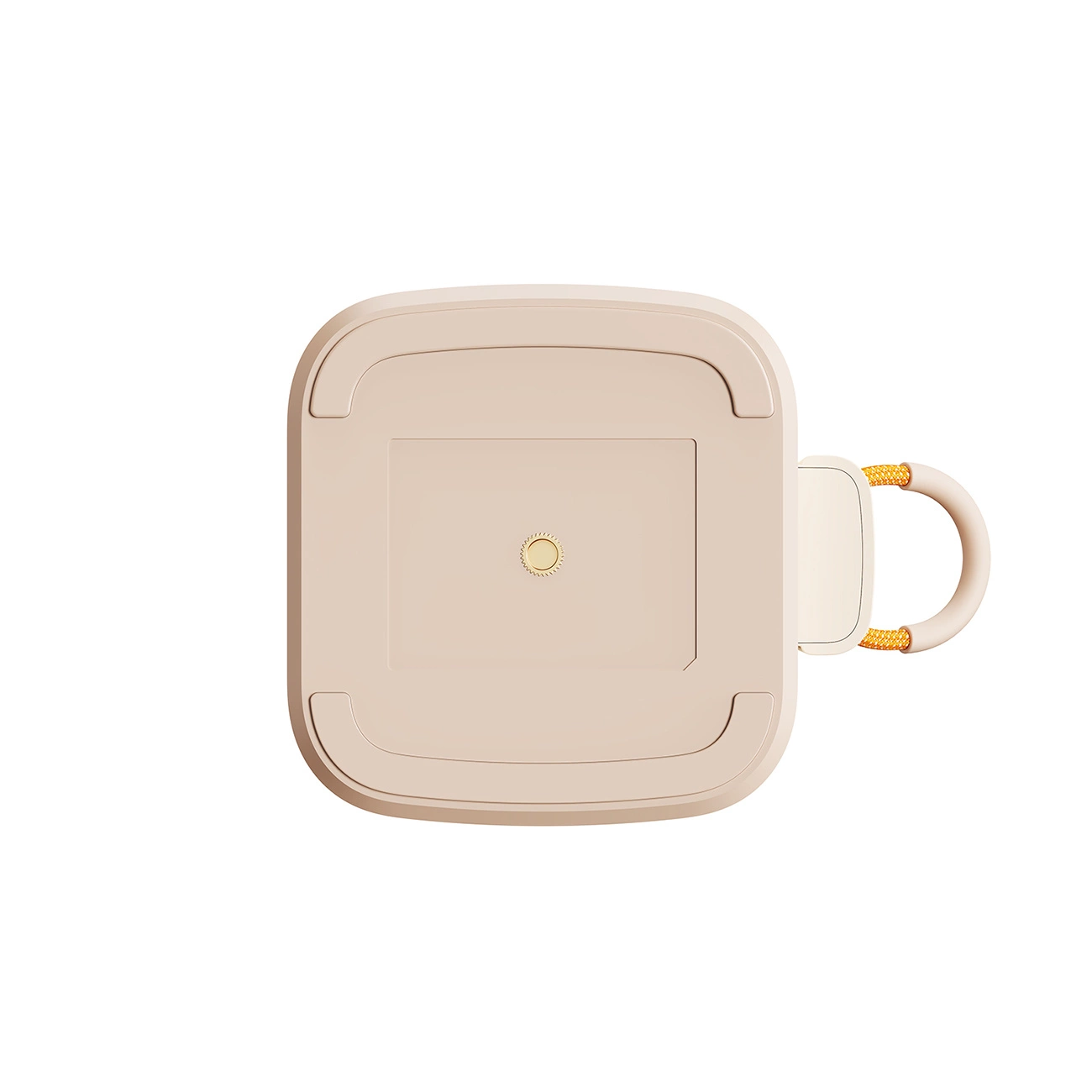 Parte inferiore di un dispositivo quadrato beige con angoli arrotondati, vite dorata centrale e una maniglia.