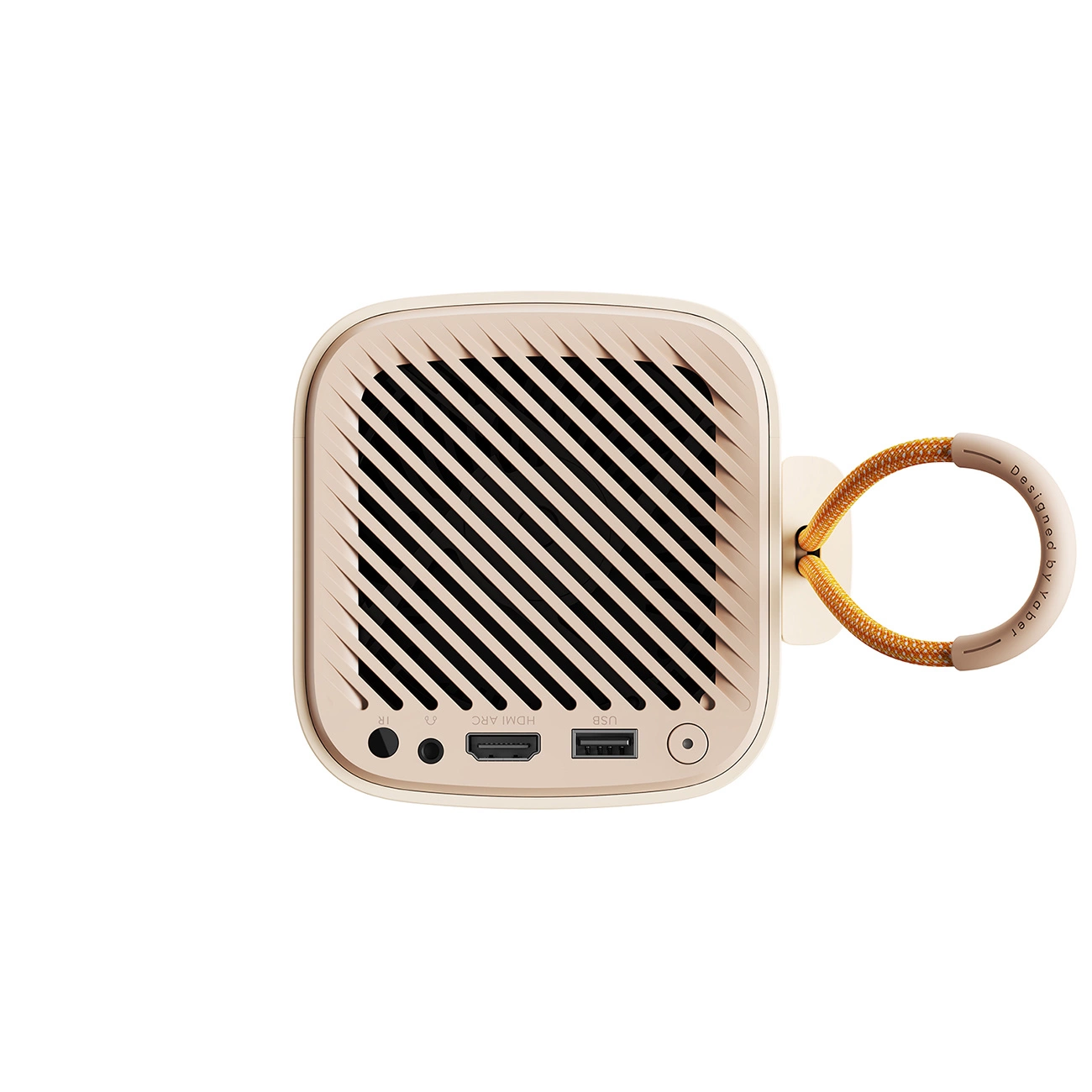 Dispositivo quadrato beige con feritoie di ventilazione, porte e un passante giallo su sfondo bianco.