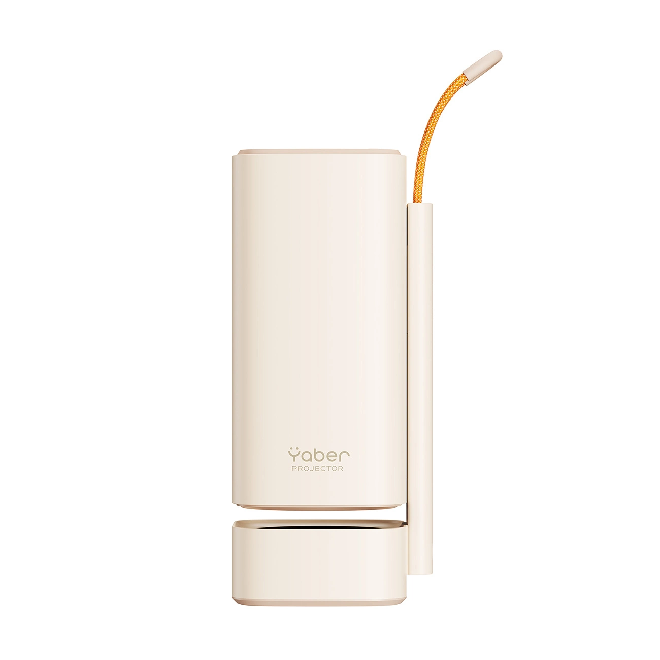 Un proiettore Yaber beige con tracolla arancione su sfondo bianco.