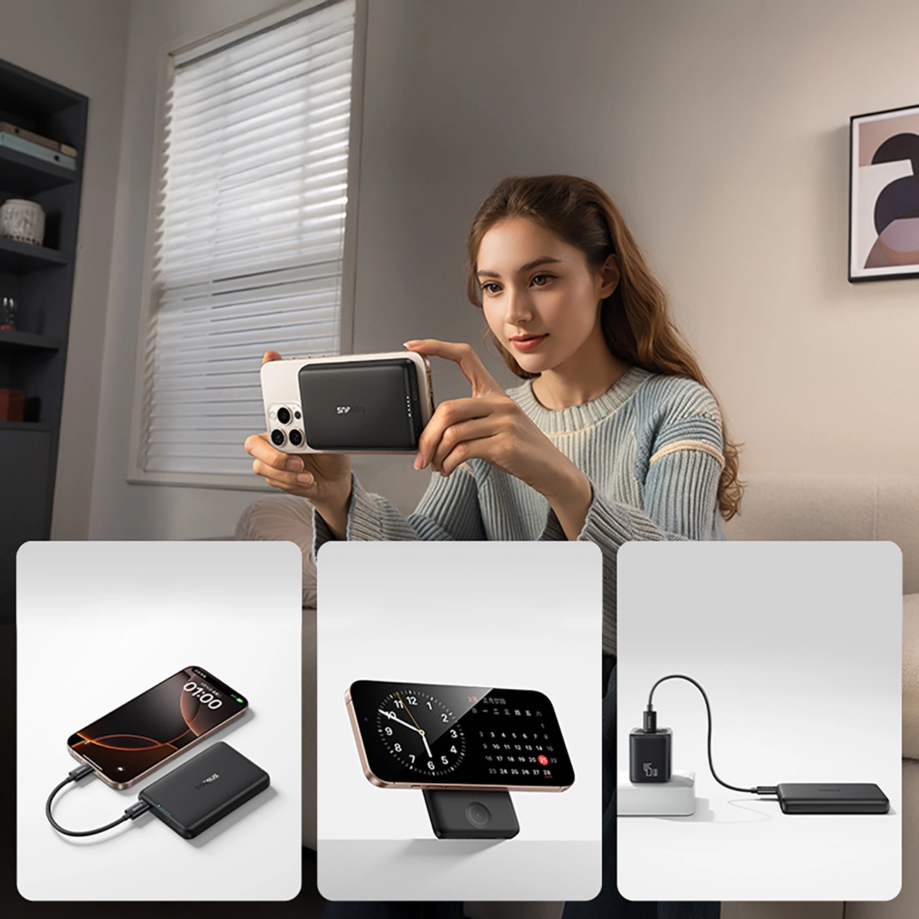 Una donna tiene un telefono con power bank, con tre immagini di funzioni in basso su sfondo bianco.