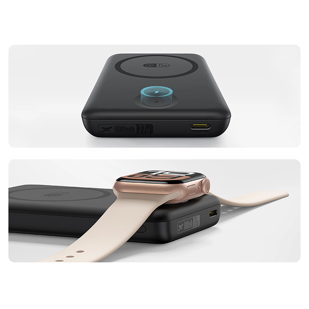 Power bank nera wireless su sfondo bianco, in basso mentre ricarica uno smartwatch.