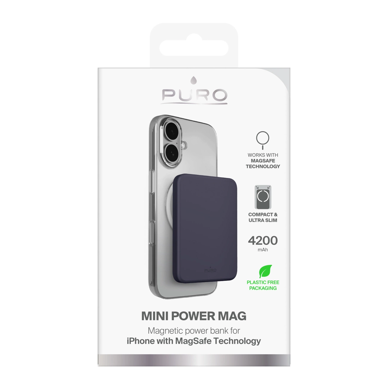 Puro Mini Power Mag Verpackung mit einer magnetischen Powerbank auf einer Handyhülle.