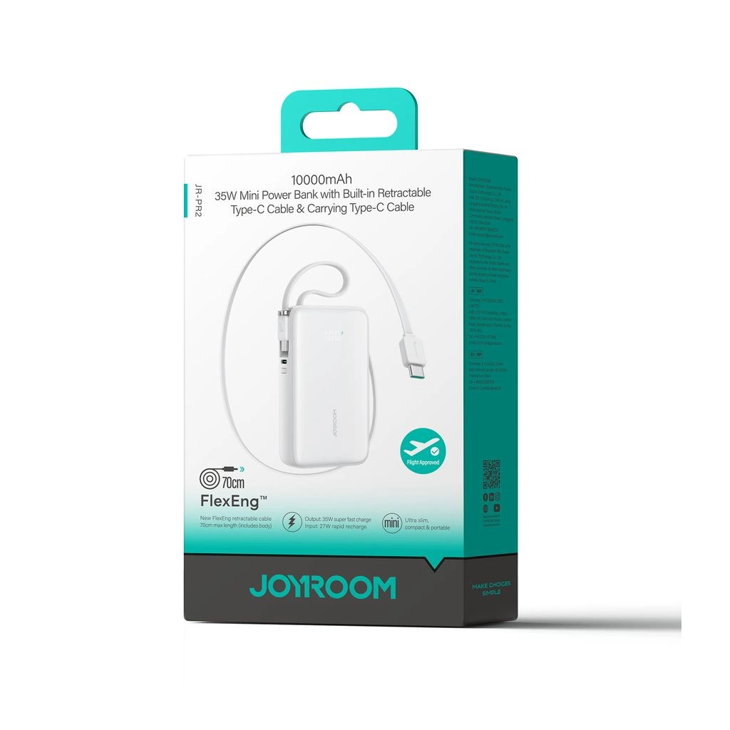 Emballage d'une mini batterie externe Joyroom 10000mAh avec câble rétractable intégré.
