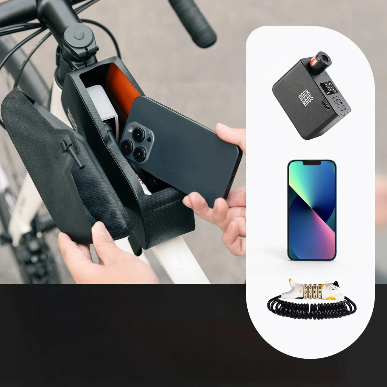 Eine schwarze Fahrradrahmentasche wird mit einem Smartphone befüllt, daneben kleine Detailbilder von Pumpe, Handy und Schloss.