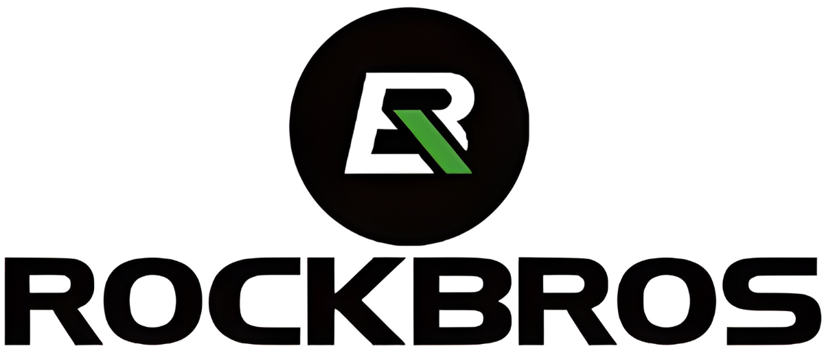 Logo Rockbros con monogramma bianco e verde in un cerchio sopra testo nero su sfondo bianco.