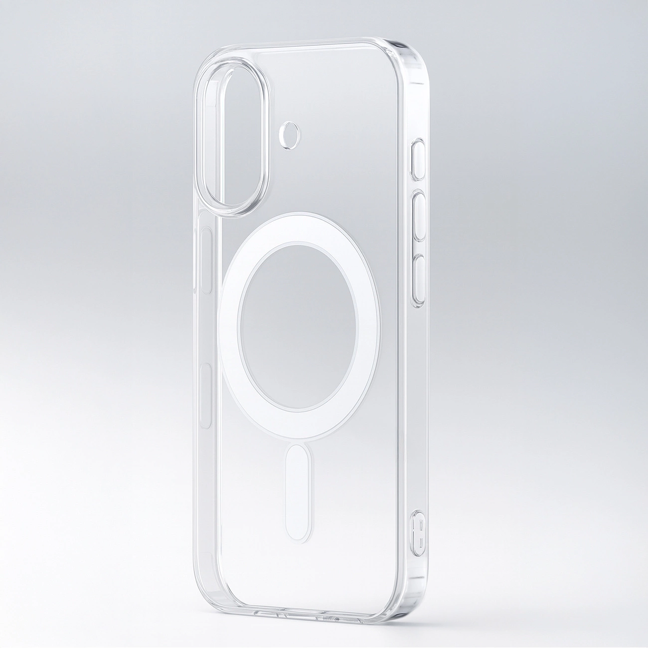 Eine transparente Handyhülle mit MagSafe-Ring auf der Rückseite steht auf weißem Hintergrund.