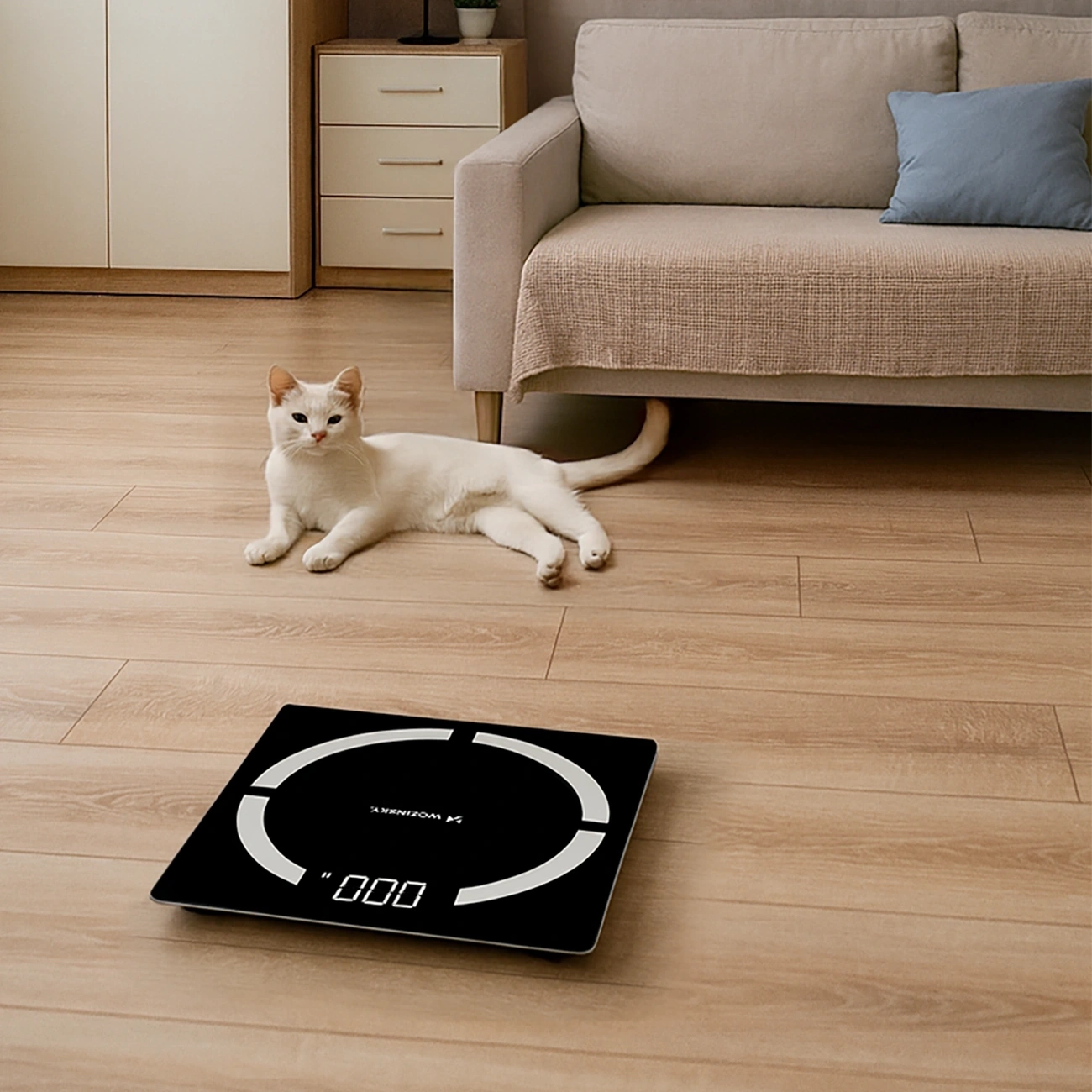 Un gatto bianco si trova su un pavimento in legno vicino a un divano, guardando una bilancia digitale nera.