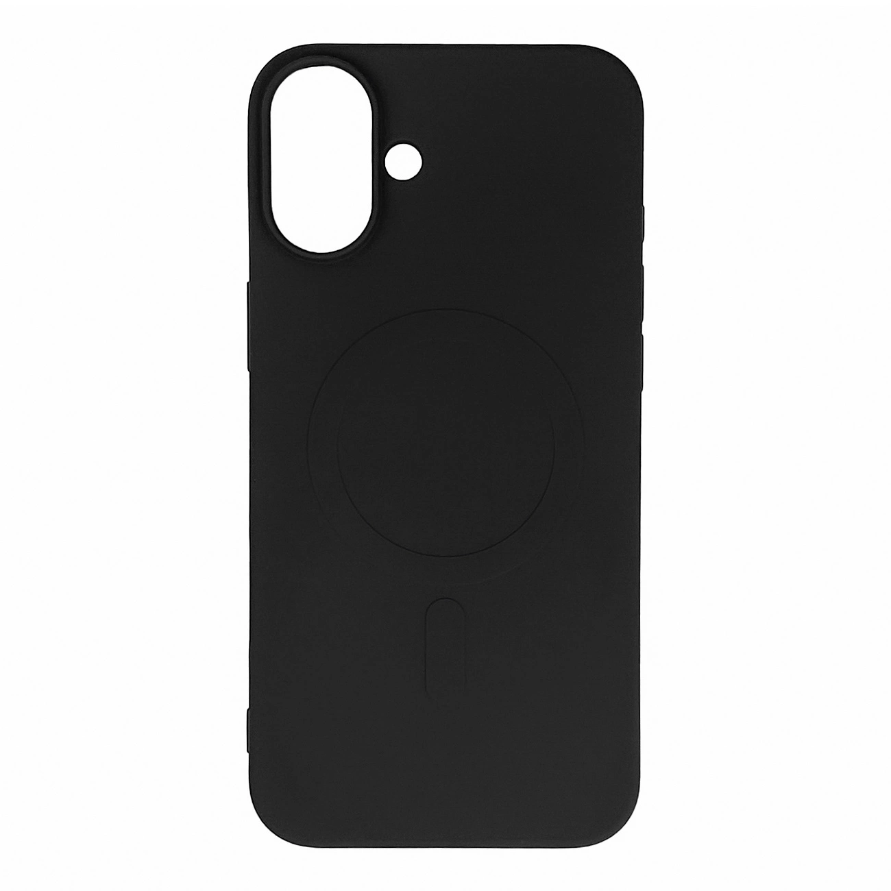 Eine schlichte schwarze Smartphone-Hülle mit Kameraaussparungen und MagSafe-Ring auf der Rückseite.