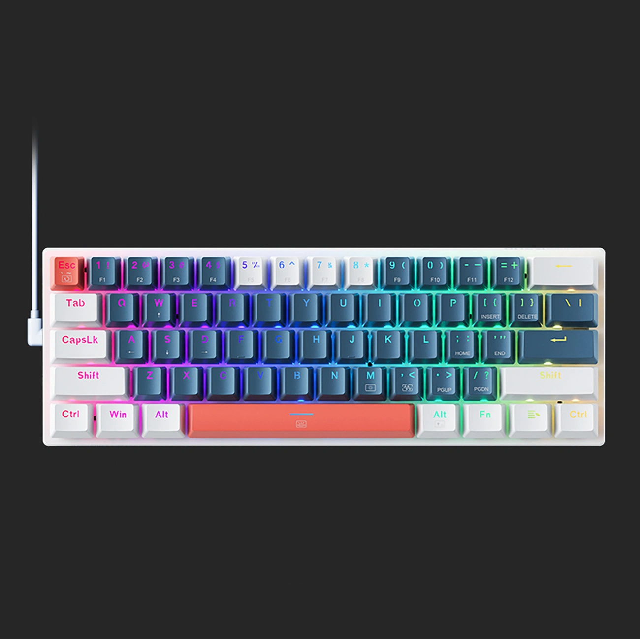 Kompaktowa klawiatura mechaniczna z kolorowymi nasadkami klawiszy i podświetleniem RGB.