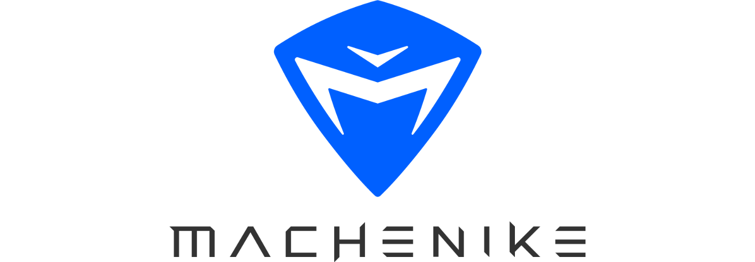 Il logo Machenike presenta un simbolo di scudo blu con accenti bianchi e testo nero sotto, su sfondo bianco.