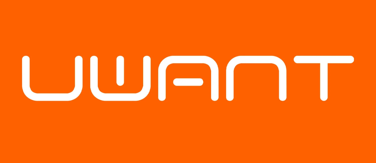 Il testo bianco UWANT è centrato su uno sfondo arancione vivace e solido.