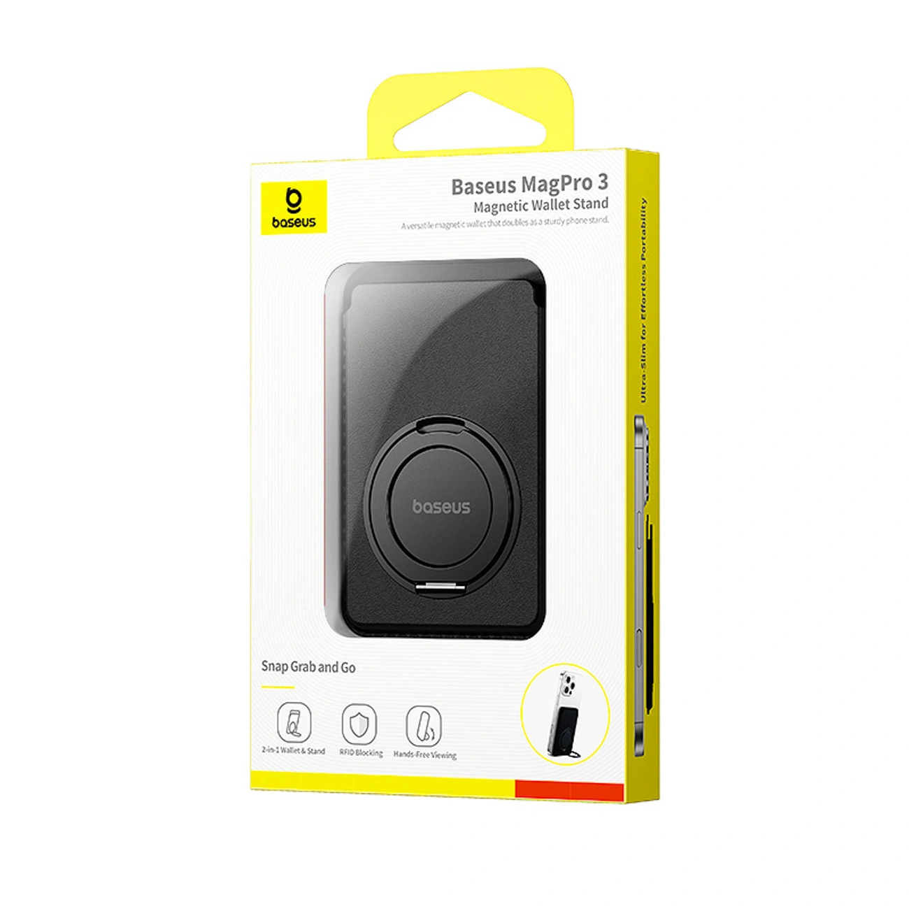 Baseus MagPro 3 manyetik cüzdan ve stant ambalajı.