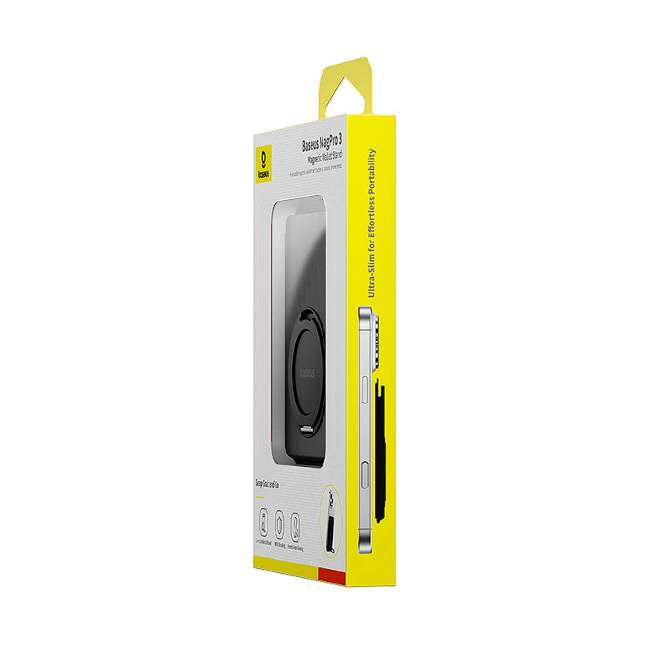 Baseus MagPro 3 Manyetik Cüzdan Standı için sarı ve beyaz renkli perakende kutusu.