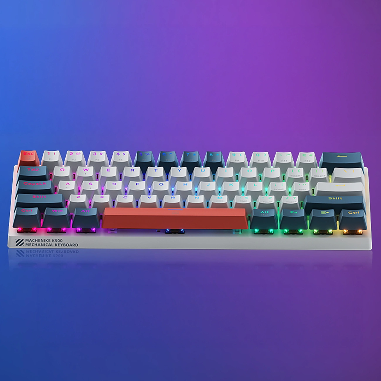 Kompaktowa klawiatura mechaniczna z kolorowymi klawiszami i podświetleniem RGB na niebiesko-fioletowym tle.
