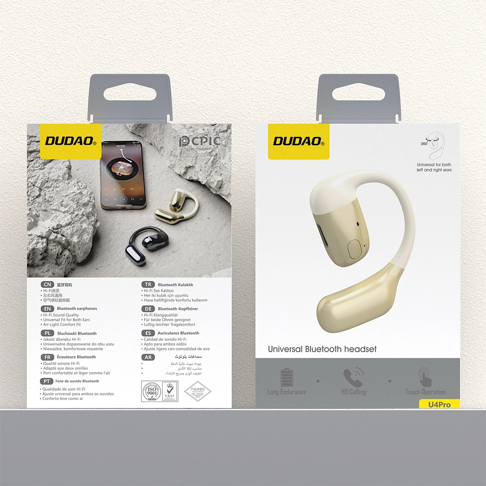 Due scatole di imballaggio per auricolari Bluetooth Dudao con immagini di prodotti, specifiche e caratteristiche.