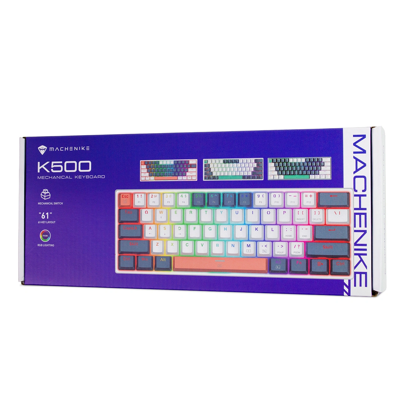 Scatola blu della tastiera meccanica Machenike K500 con illuminazione RGB e 61 tasti.