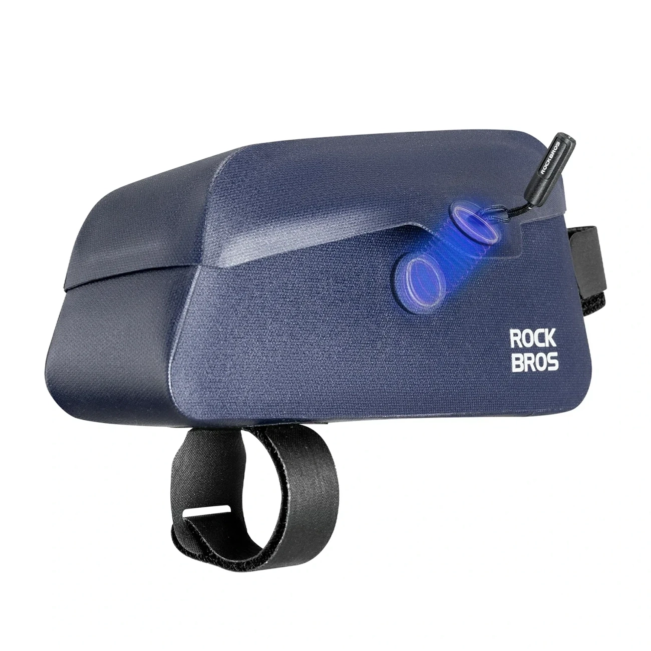 Bolsa azul para cuadro de bicicleta Rockbros con correa de velcro y logo blanco.