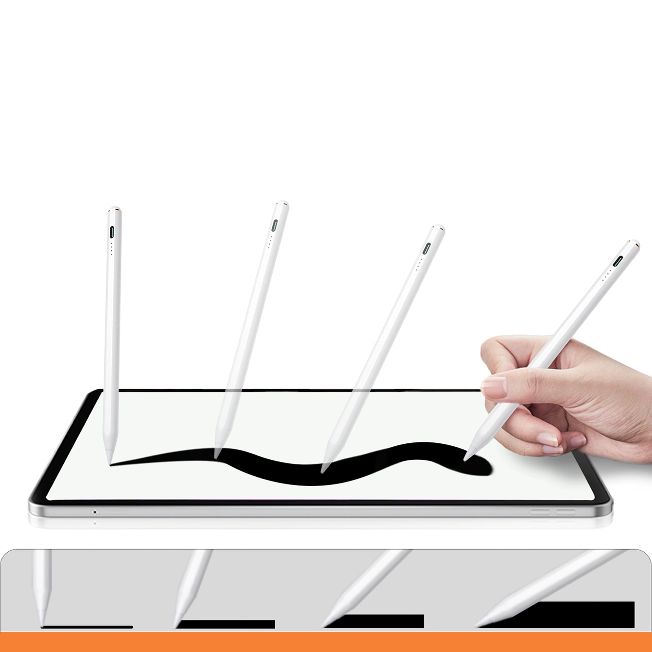 Una mano usa un pennino bianco su un tablet, disegnando una linea d'onda nera.