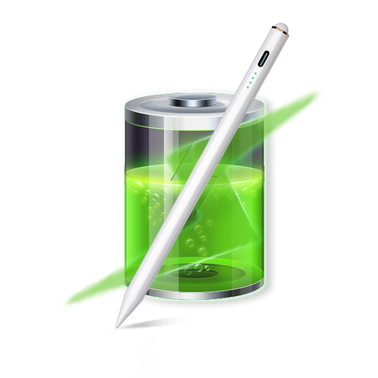 Una penna stilo bianca poggia in diagonale davanti a una batteria cilindrica con liquido verde luminoso.