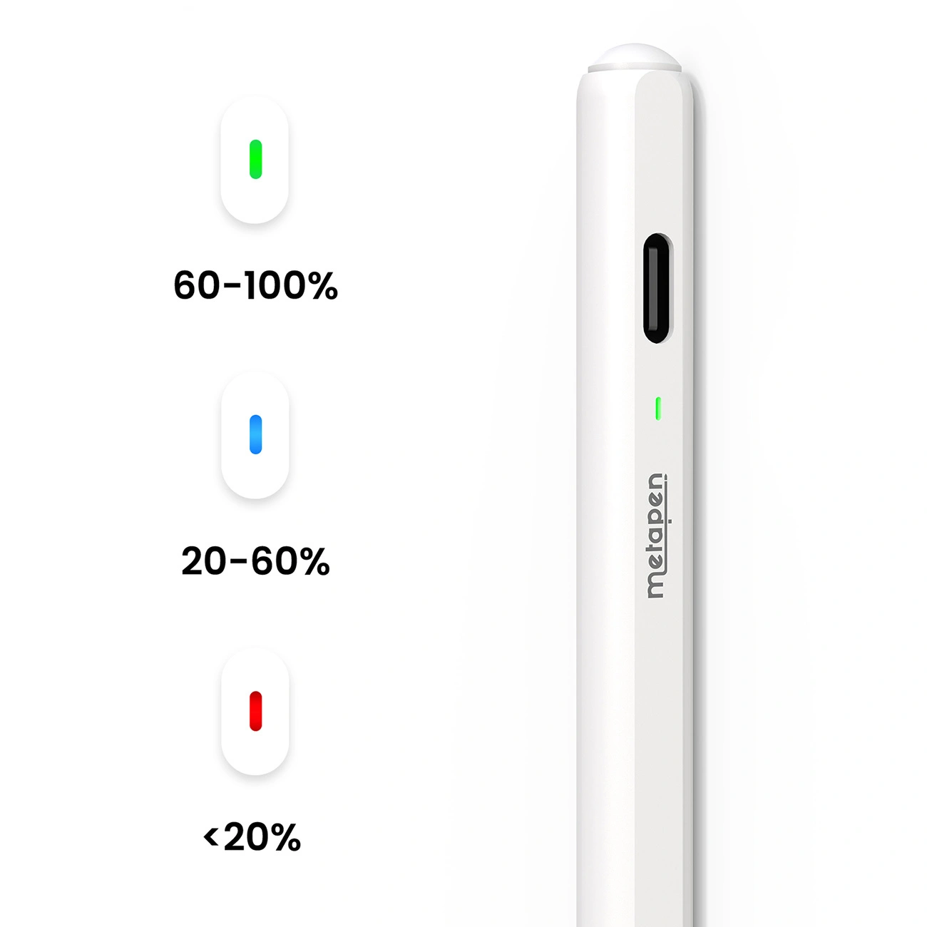 Una penna stilo bianca con spia verde e percentuali di batteria a sinistra.