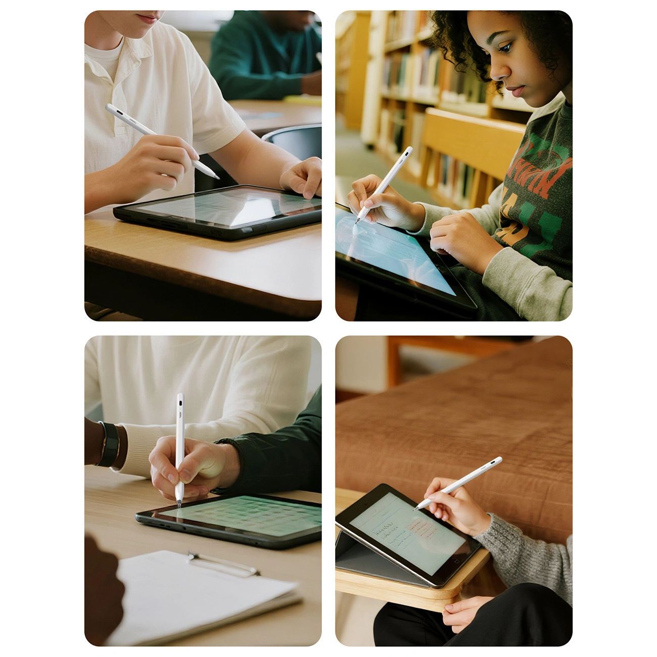 Quattro studenti usano pennini su tablet in aule scolastiche e biblioteche.