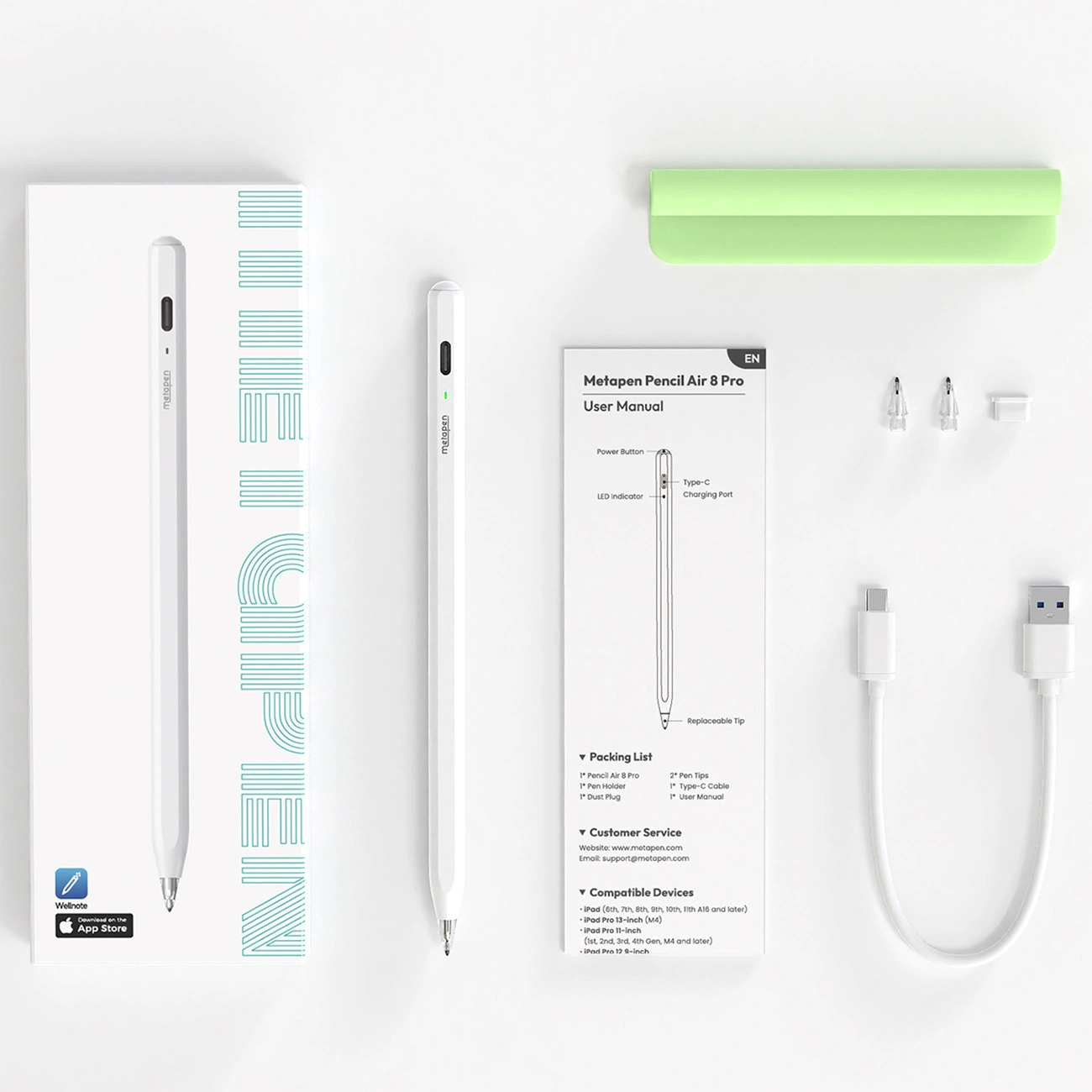 Metapen Pencil Air 8 Pro con scatola, manuale, cavo, punte, tappo antipolvere e portapenne verde su sfondo bianco.