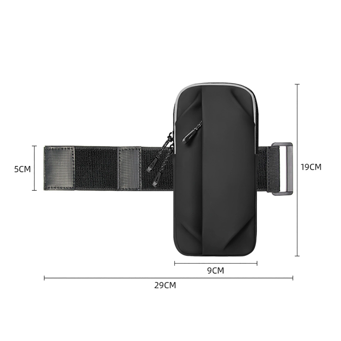 Eine schwarze Oberarmtasche mit Maßen: Höhe 19cm, Breite 9cm, Gesamtlänge 29cm und Riemenbreite 5cm.