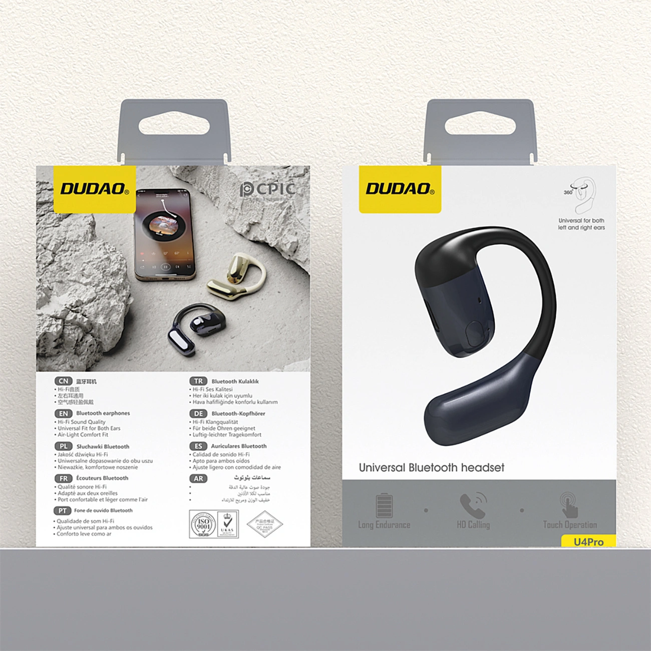 Due confezioni di prodotti per cuffie Bluetooth Dudao con immagini degli auricolari e dettagli.