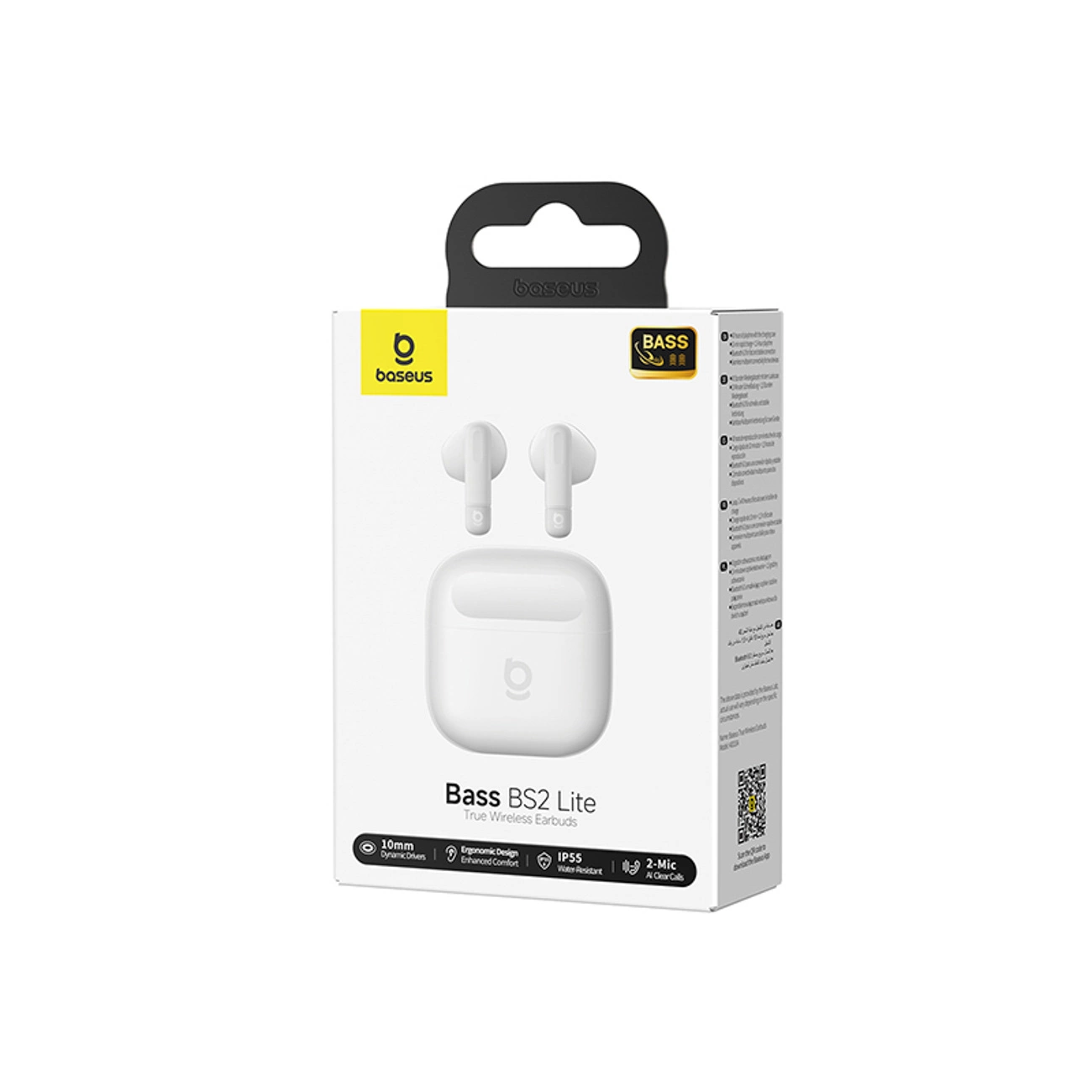 Weiße Verpackung von Baseus Bass BS2 Lite kabellosen Ohrhörern mit Produktbild und technischen Daten.