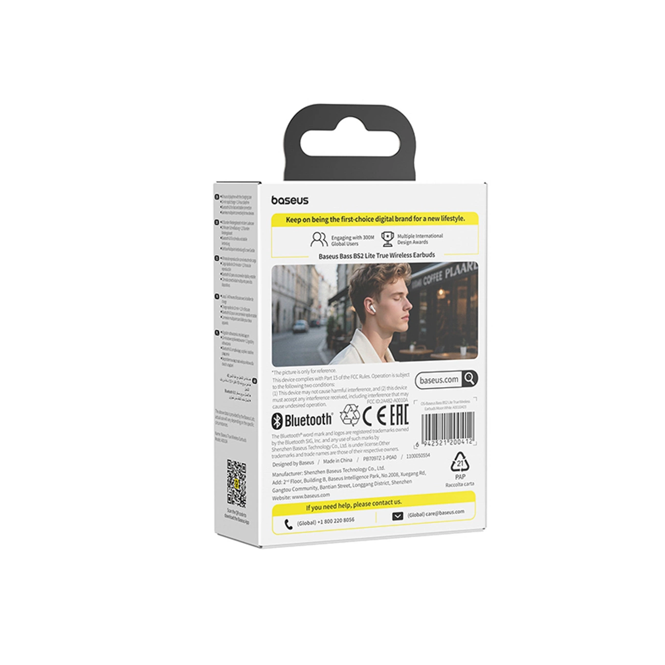 Rückseite einer Baseus Ohrhörer-Verpackung mit Bild, Text, Barcode und Kontaktdaten.