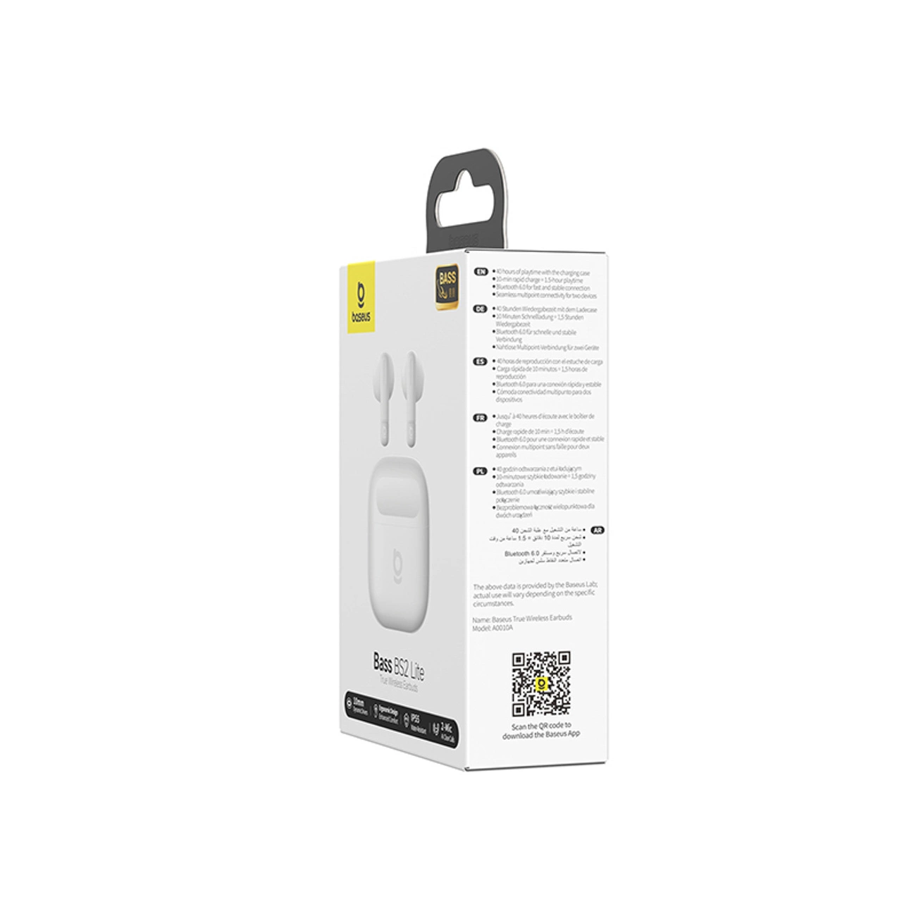 Weiße Produktverpackung für Baseus BS2 Lite Ohrhörer mit Abbildungen, Text und QR-Code.