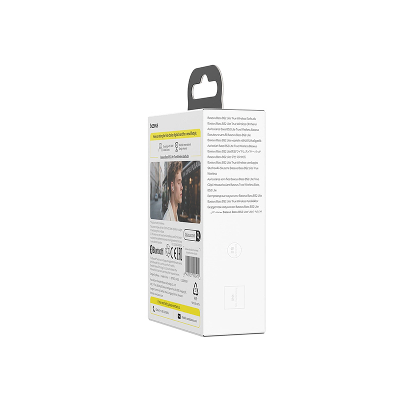 Weiße Baseus Verpackung mit Produktdetails, Text und kleinem Foto auf weißem Hintergrund.