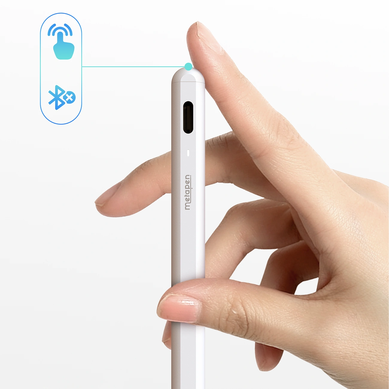 Hand tippt auf das obere Ende eines weißen Metapen-Stifts, um Bluetooth- und Berührungsfunktionen anzuzeigen.