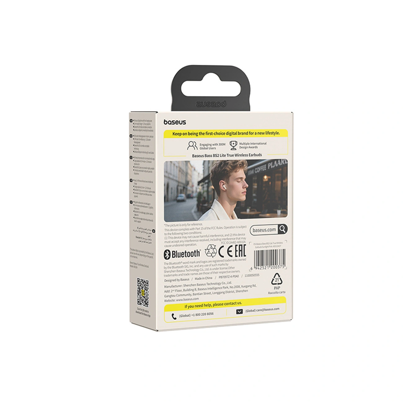 Rückseite einer Baseus Ohrhörer-Verpackung mit Bild, Text und Barcode auf hellem Hintergrund.