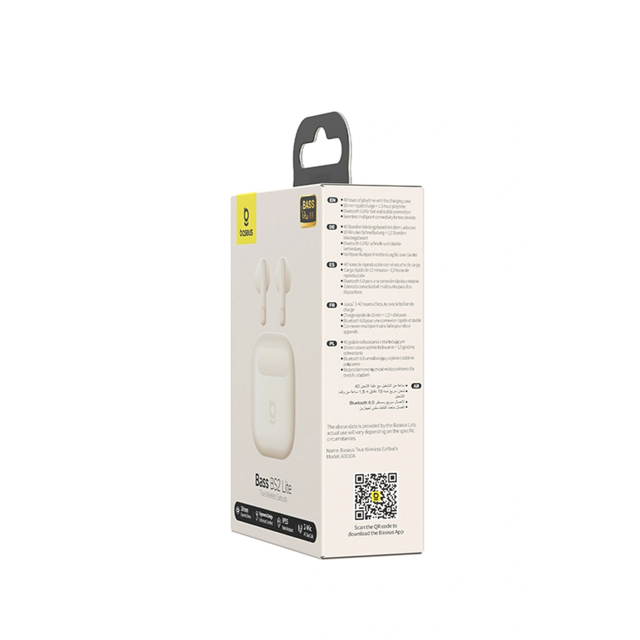 Verpackung der Baseus True Wireless Earbuds mit Produktbild, QR-Code und Details in mehreren Sprachen.