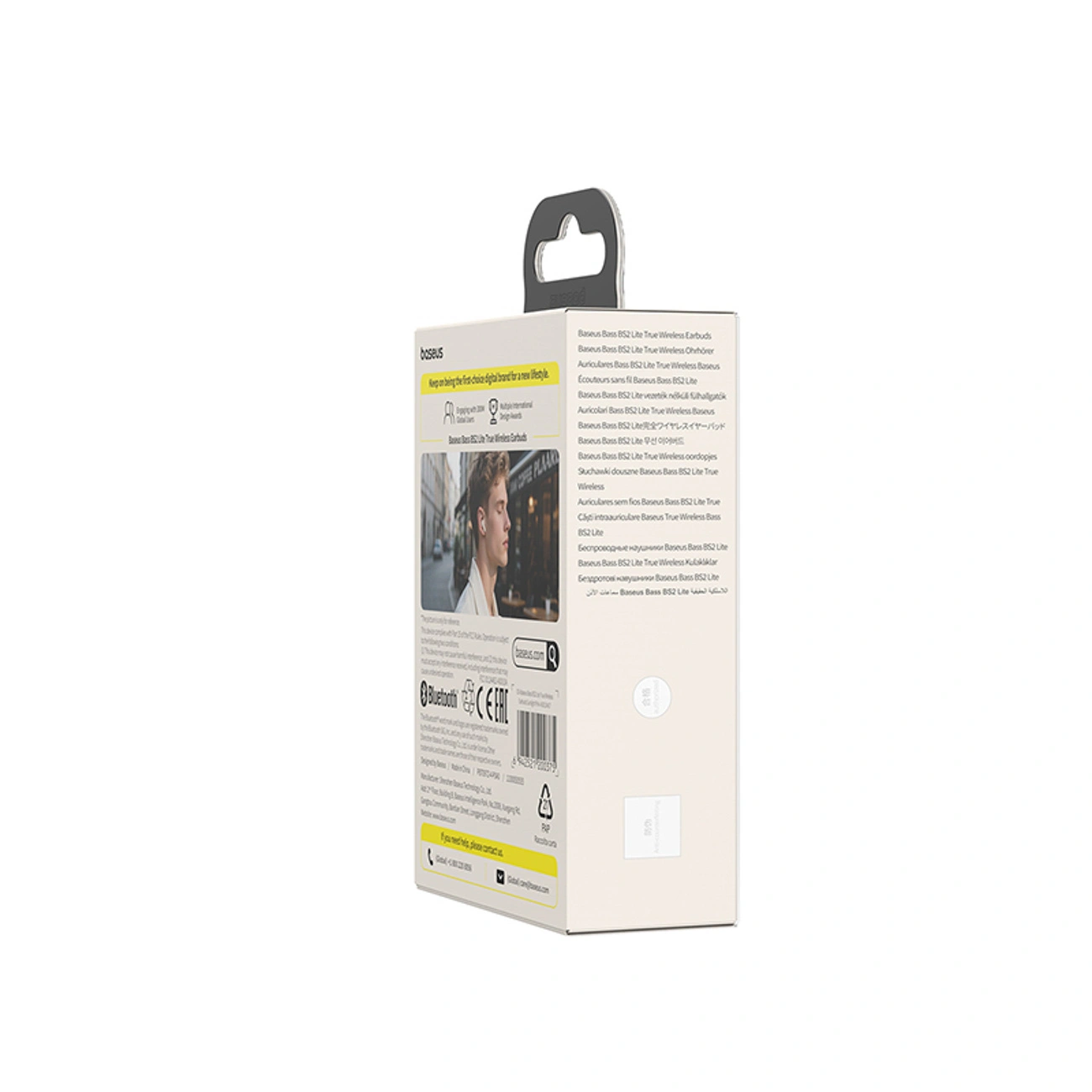 Rückseite einer Baseus-Ohrhörerverpackung mit Text, Bildern und Produktdetails auf weißem Hintergrund.