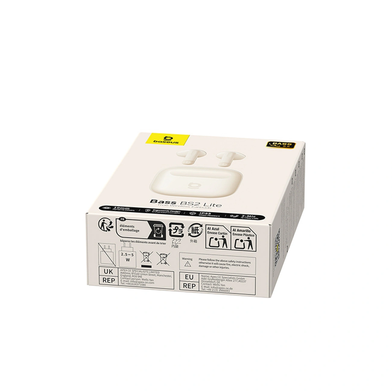 Eine beigefarbene Produktverpackung für kabellose Baseus BS2 Lite Ohrhörer mit Recyclingsymbolen und Herstellerinfos.