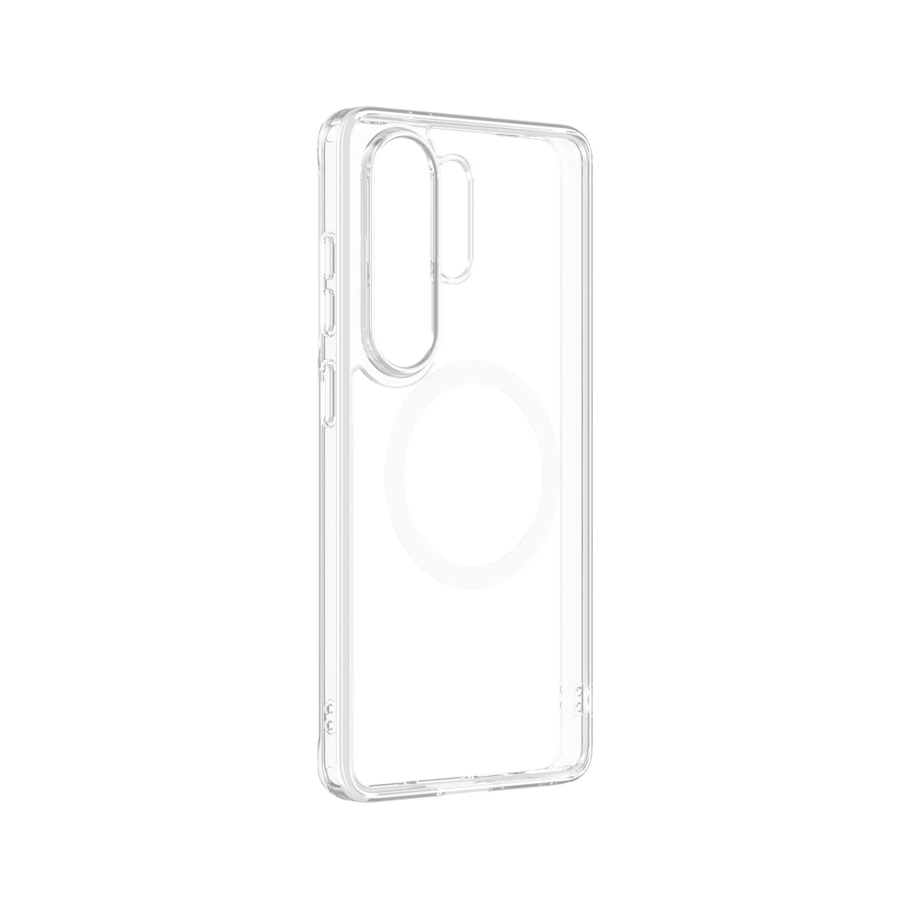Transparente Handyhülle mit integriertem Magnetring auf der Rückseite vor weißem Hintergrund.