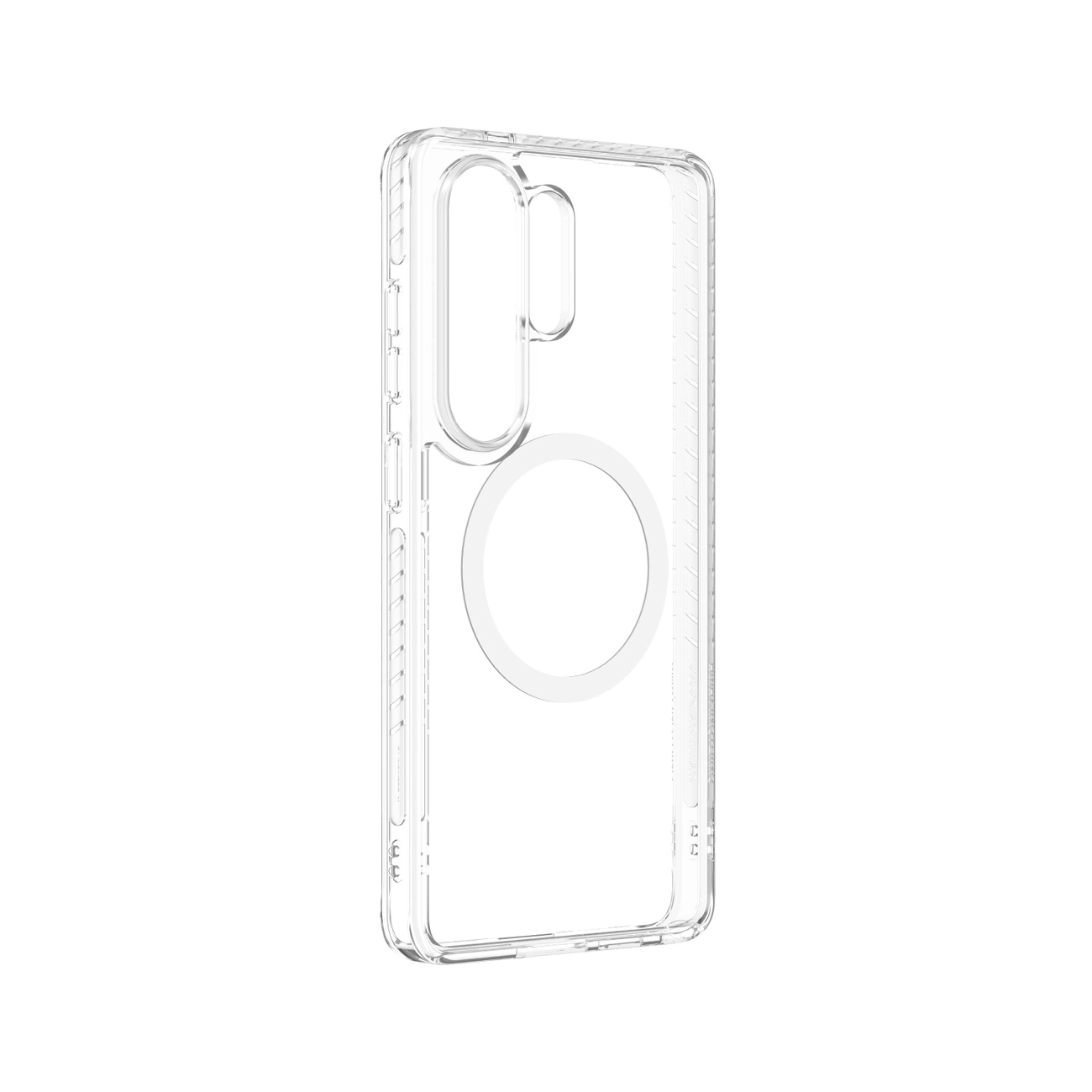 Transparente Handyhülle mit integriertem runden Magnetring und Aussparungen für Kamera und Tasten auf weißem Grund.