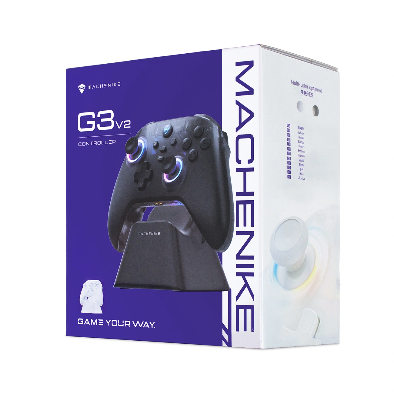 Scatola del prodotto di un controller Machenike G3v2 su sfondo bianco.