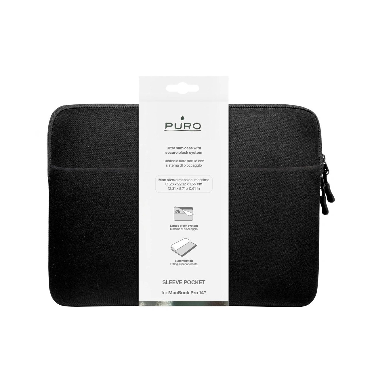 Funda negra para portátil Puro con una banda blanca y detalles para MacBook de 14 pulgadas.