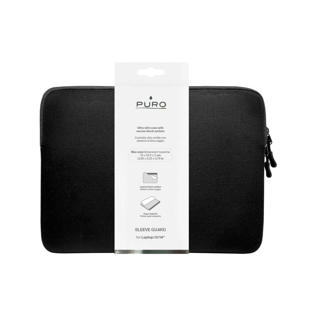 Una funda para portátil negra con una faja de cartón blanca de la marca Puro con detalles.
