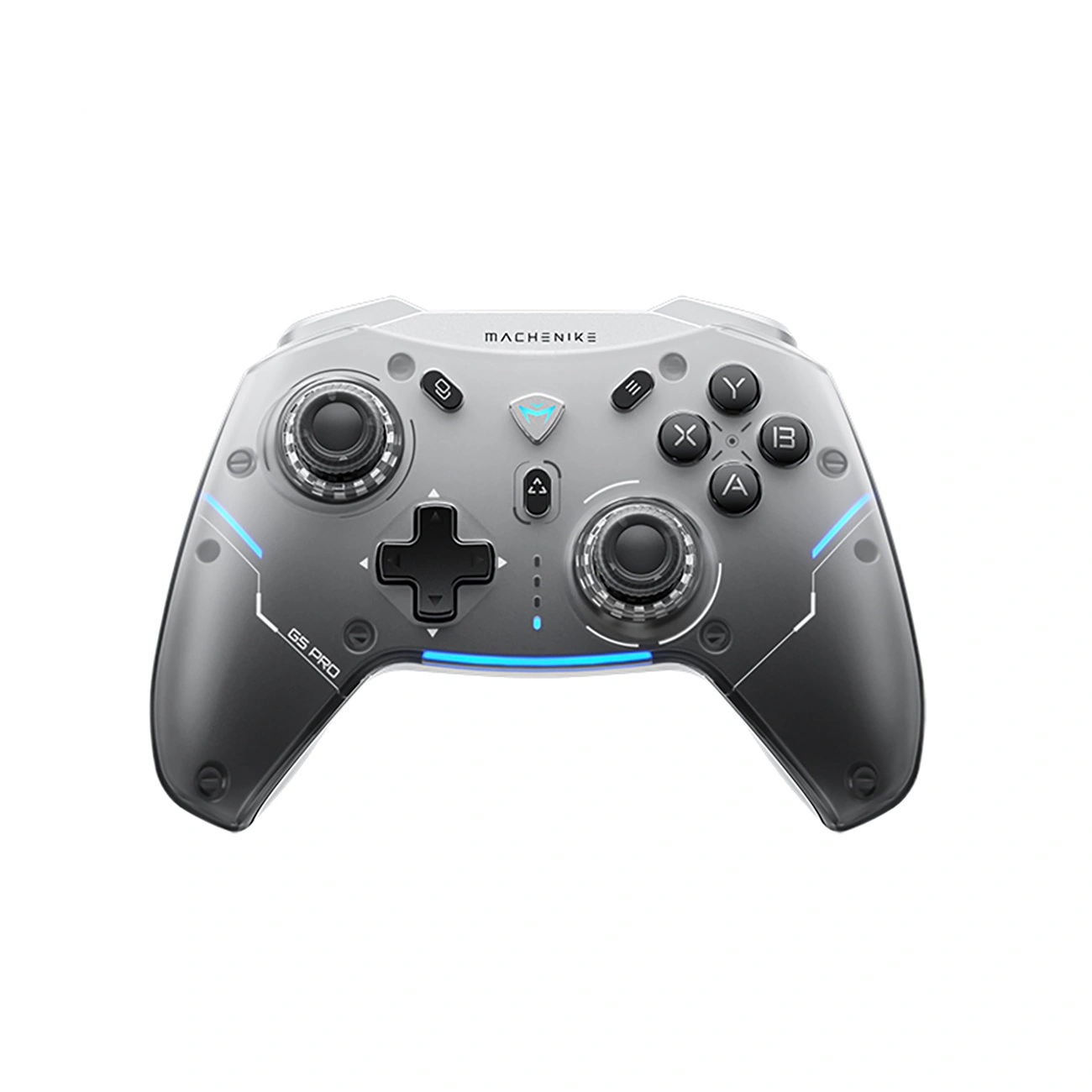 Un controller di gioco Machenike G5 Pro argentato e trasparente con dettagli di luce blu su sfondo bianco.