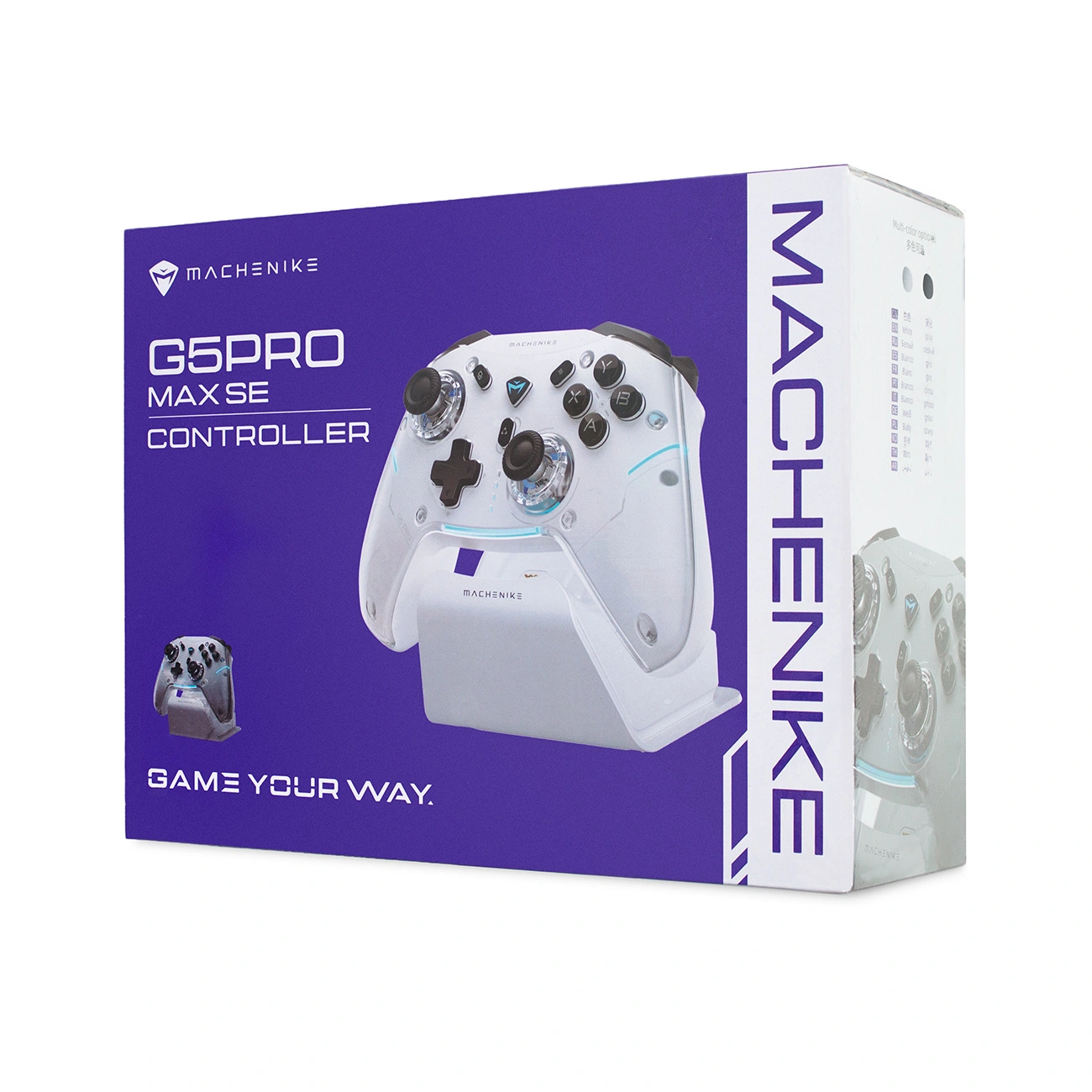Scatola di imballaggio viola per il controller Machenike G5PRO MAX SE su sfondo bianco.
