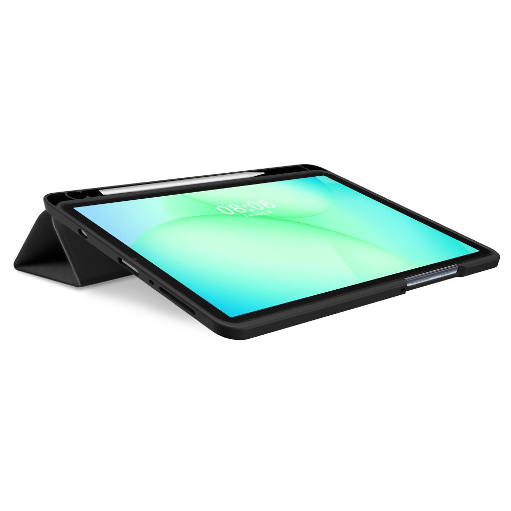 Un tablet in una custodia protettiva nera con pennino integrato su sfondo bianco.