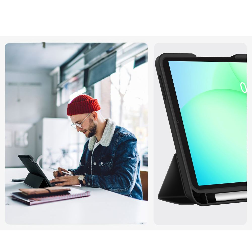 Un uomo con berretto rosso usa un tablet, accanto al primo piano di un tablet in custodia nera.