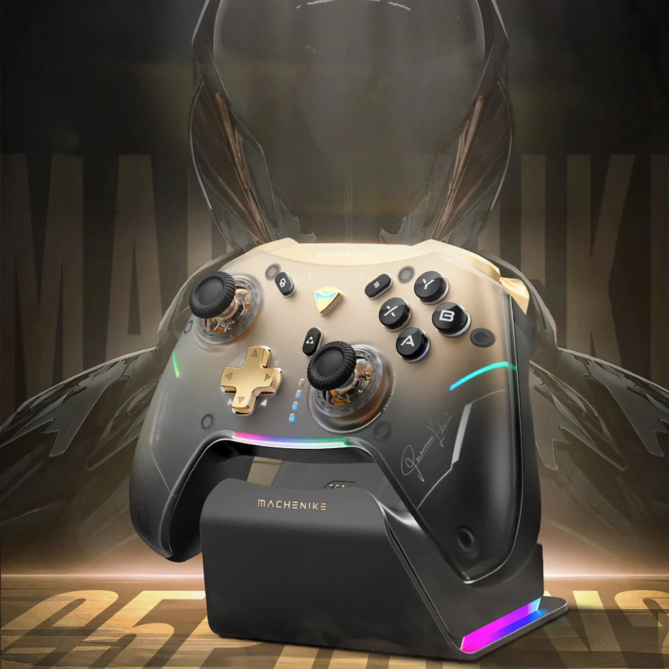 Un controller di gioco nero e oro con luci colorate poggia su una base di carica su sfondo scuro.