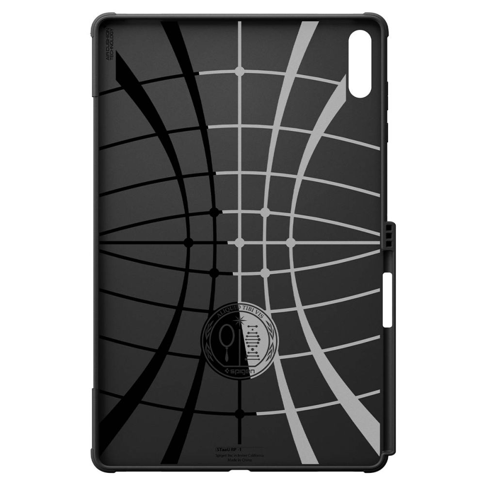Étui de tablette noir avec une grille incurvée blanche et noire et un logo Spigen rond en bas.