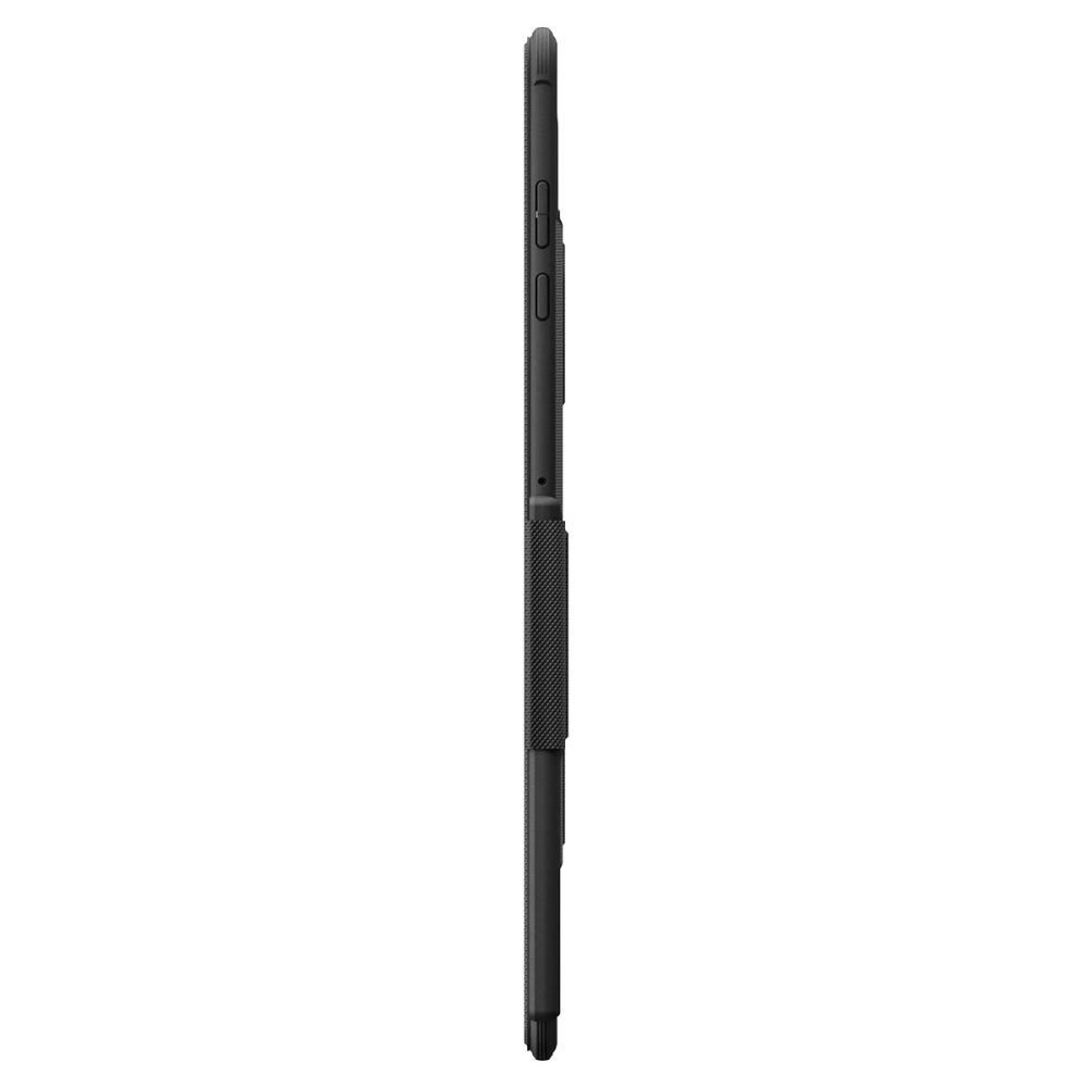Vue latérale d'un étui de tablette noir avec boutons intégrés et poignée texturée.