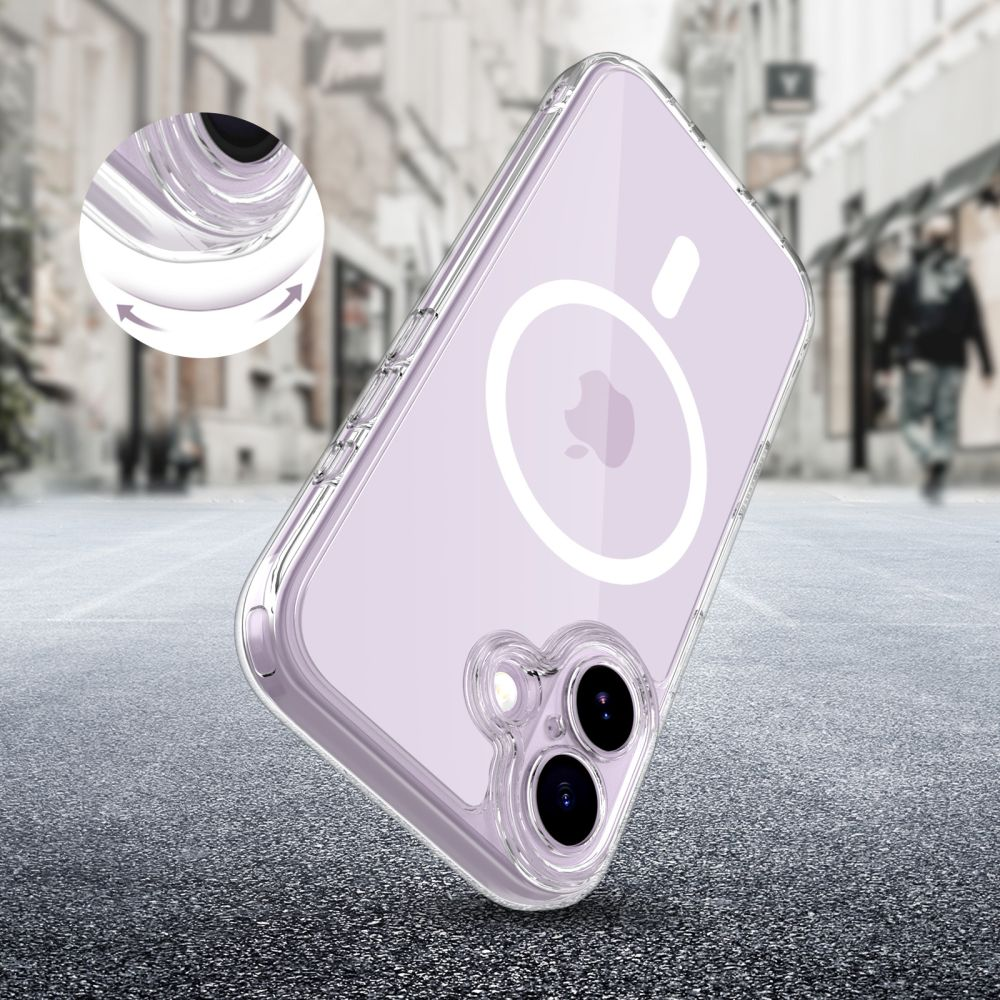 Eine violette Handyhülle mit MagSafe-Ring und Kameraausschnitt steht auf grauem Boden vor verschwommener Straße.